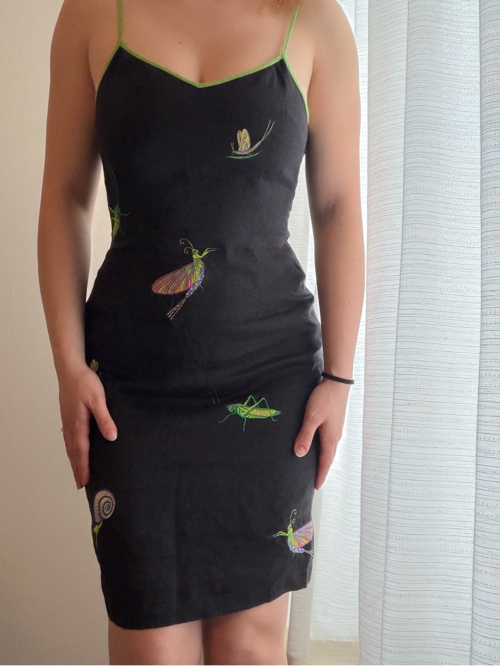 Unique Black Dress with Green Trim and Colorful Bug Embroidery